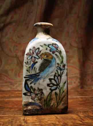 Persian Qajar Dynasty tri-sided fritware vase with polychrome panels of birds and flowers, c.1900