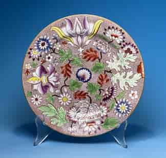 Copeland & Garrett pottery plate, stylized flowers on orange ground, c. 1840