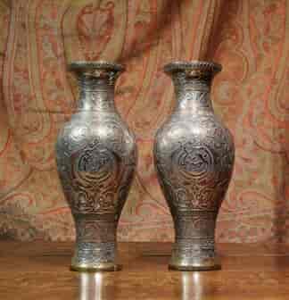 Ottoman 'Damascus Ware' pair of vases, superb quality silver & copper & gold inlay, Mamluk Revival, c. 1900