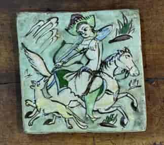 Persian Qajarperiod tile, hunt scene, green tones, early 20th c.