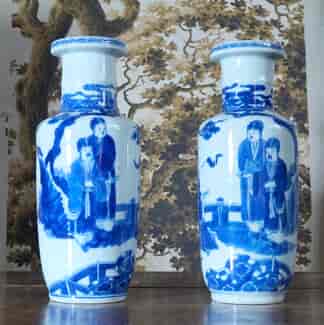 Pair of Chinese blue and white vases, figures in garden, Kanxi Revival 19th c.