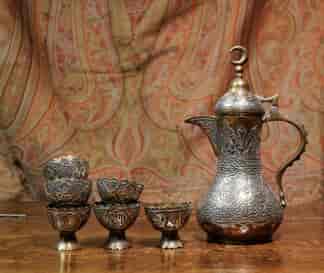 Ottoman Turkish 'Damascus Ware' coffee set, crescent knop & 6 stem cups, c. 1900