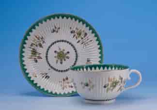 Dr Wall Worcester cup & saucer, green sharktooth border, C. 1770