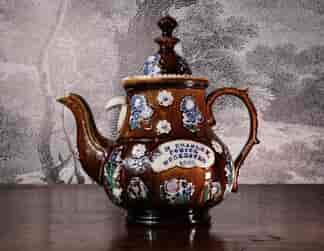 Measham ‘Bargeware’ large teapot, MRS H BRADLEY, WORCESTER 1886