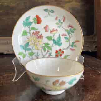 Chinese export tea bowl and saucer with polychrome peony garden, c.18thc