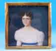 Miniature of a regency lady with a white dress and blue belt, c.1825