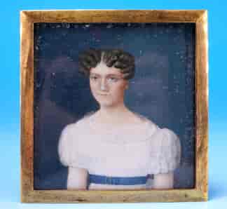 Miniature of a regency lady with a white dress and blue belt, c.1825
