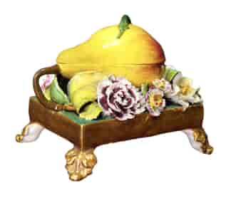 English porcelain pear-form inkwell, flower encrusted, circa 1835