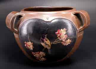 Bretby pottery Arts & Crafts jardinier, 'copper' with 'cloisonne' panels, c. 1910