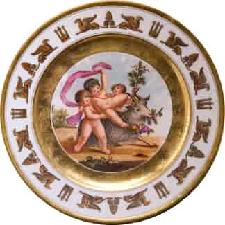 Paris porcelain plate by Stone, Coquerel et Le Gros, Cherubs & goat, Neoclassical 'Bronze' griffins,  c.1820