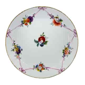 Meissen saucer, fruit & rococo ribbon flower swags, c 1780