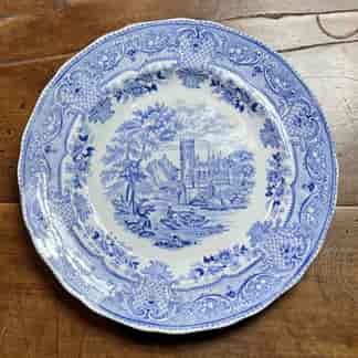 English Stoneware 'Isola Bella' blue printed plate with romantic villa scene, c.1835