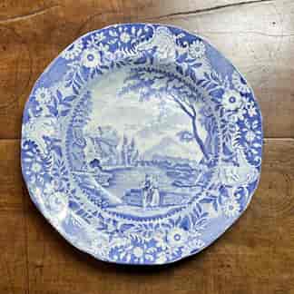 Brameld creamware octagonal soup plate with printed blue landscape, floral border, c.1825