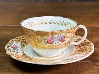Coalport Cup & Saucer with finely painted flowers & 'hockey stick' moulding, circa 1830