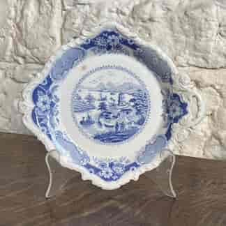 Ridgway blue printed 'India Temple' pattern, 'Stone China' round plate with handles C.1820