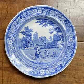 Small pearlware blue printed plate, 'The Invalid' within floral border c.1820