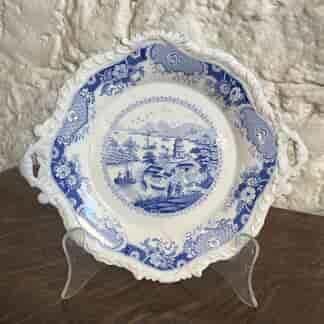 Ridgway blue printed 'India Temple' pattern, 'Stone China' plate with handles C.1820