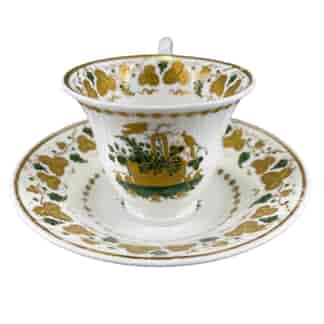 Spode bone china cup & saucer, raised gold dec. basket & birds, C.1815