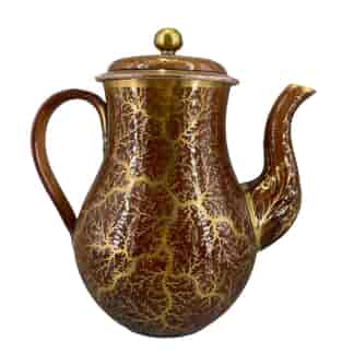 Wedgwood tall teapot, brown glaze with gold seaweed dec, impressed ROCKINGHAM, c. 1840
