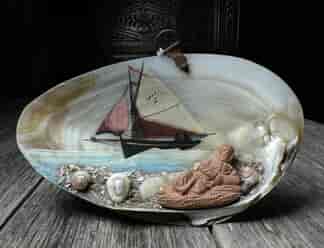 Mussel shell diorama, with terracotta fishwife & painted fishing boat, c.1890