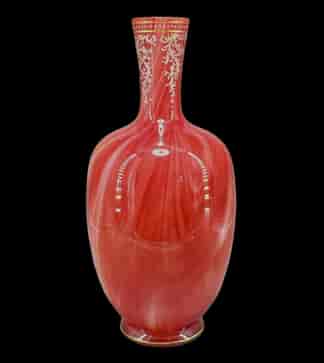 Victorian glass vase, orange swirl with raised gilt scrollwork, c.1890