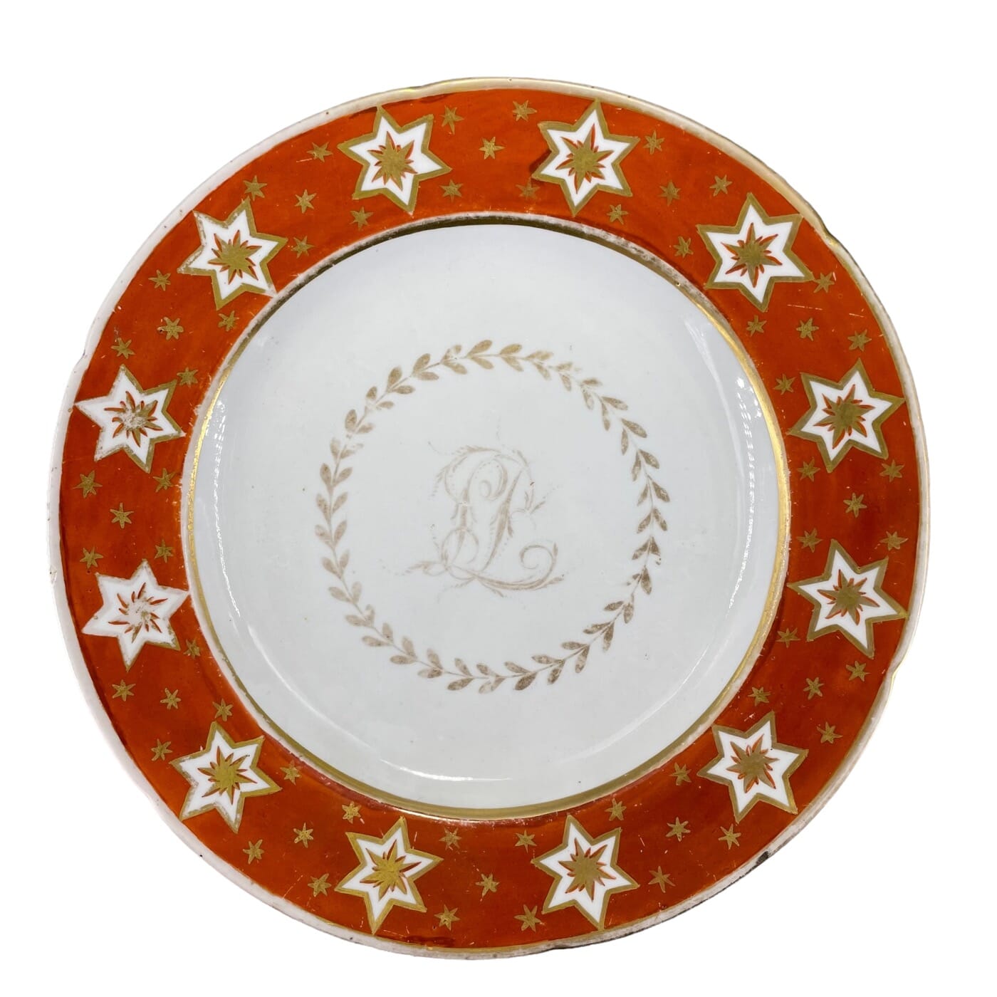Coalport plate, outside decorated, monogram LJ, c. 1810