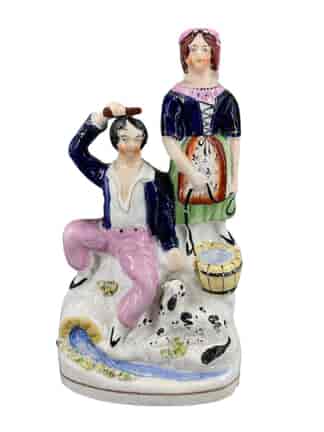 Staffordshire group- rustic couple & dog by river, c.1860
