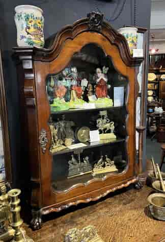 Dutch walnut wall cabinet with glass front & lions paw feet, C. 1760