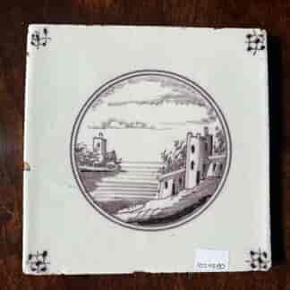 Dutch Delft Manganese tile of castles by the sea, c. 1800