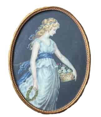 Oval hand painted miniature of a maiden, signed, c. 1920