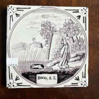Dutch Delft manganese tile, Exodus 23- Moses in the Bull Rushes with Sphinx- late 18th Century