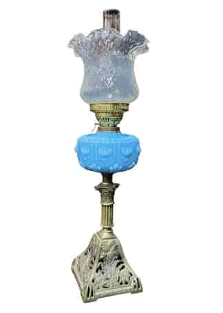 Victorian Kero lamp, blue vaseline font & gilt classical column stand, c. 1890