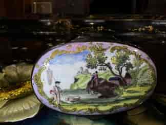 English enamel oval snuffbox, countryside scene, fluted base, c.1770