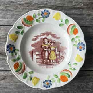 Staffordshire children's plate, with two girls