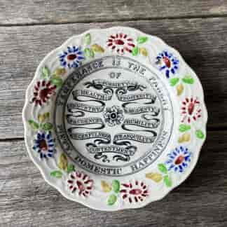 Staffordshire pottery children's plate with a printed Temperance motto. c. 1840