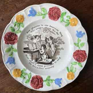 Child's pottery plate with Printed verse extolling good behaviour. c. 1845