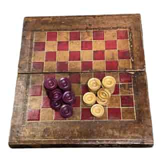 Victorian 'Book' games board, with turned boxwood checker pieces, c.1860