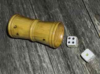 Victorian boxwood dice roller with two pottery dice, c.1860
