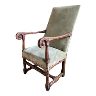 Large French Fauteuil, scroll arms, Louis XIV, Circa 1700