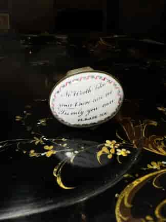 English enamel oval patch box with verse 'Only You can Please Me', c. 1780