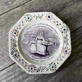 Staffordshire pottery children's plate, "Twill save us from a thousand snares, To mind Religion young"