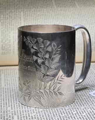 Edwardian silverplate mug with ferns & inscription 'To Edna A.Parish', c. 1910