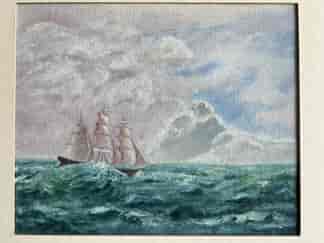 Oil painting of a ship on rough seas, 19th/earlier 20th century