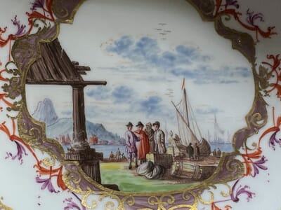 Meissen saucer with harbour scene, elaborate cartouche & Böttger