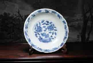 Ming Dynasty barbed rim dish, blue flowers, 4 character mark, Jiajing Reign 1522-40