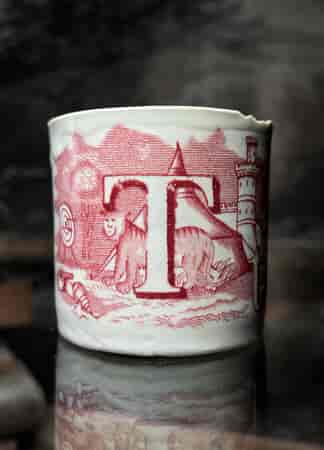 Staffordshire pottery child's mug, alphabetical letter 'T',  c.1840