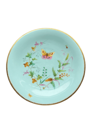 English porcelain plate, soft turquoise ground, flowers & butterflies, c. 1875