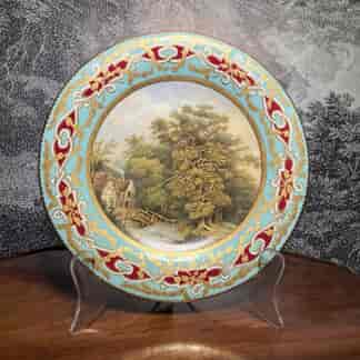 English bone china plate, superb scenic panel & rich gilt borders, C 1865