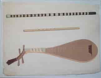 Chinese Export watercolour painting of musical instrument, Flutes & Lute, early 19th century