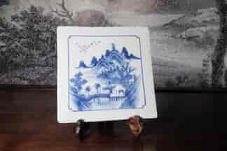 Chinese Export tile, painted underglaze with River Landscape, Qing Dynasty 19th c.